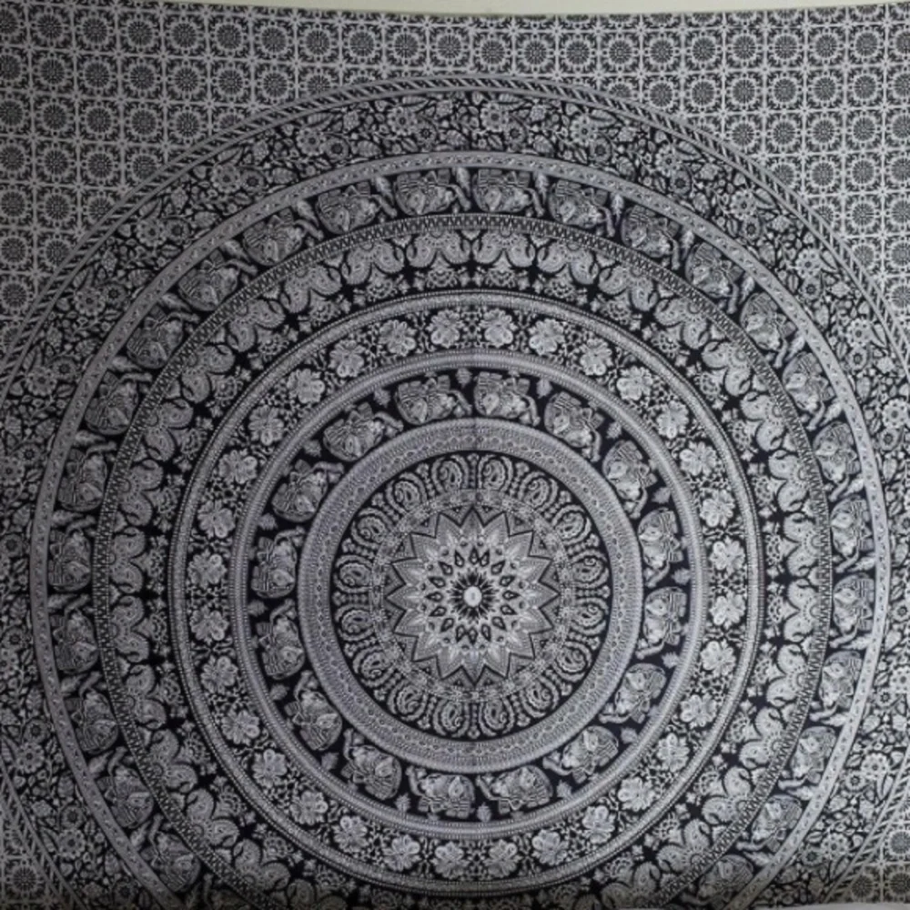 Indian Elephant Mandala Black White Print Tapestry Wall Hanging Art Decor 85”